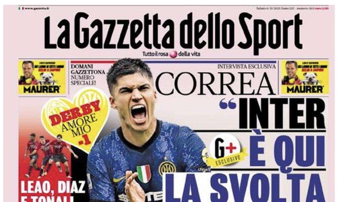 L'apertura della Gazzetta con le parole di Correa: "Inter, è qui la svolta"