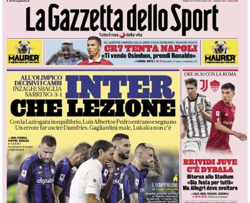 La Gazzetta dello Sport in apertura: "Inter, che lezione"