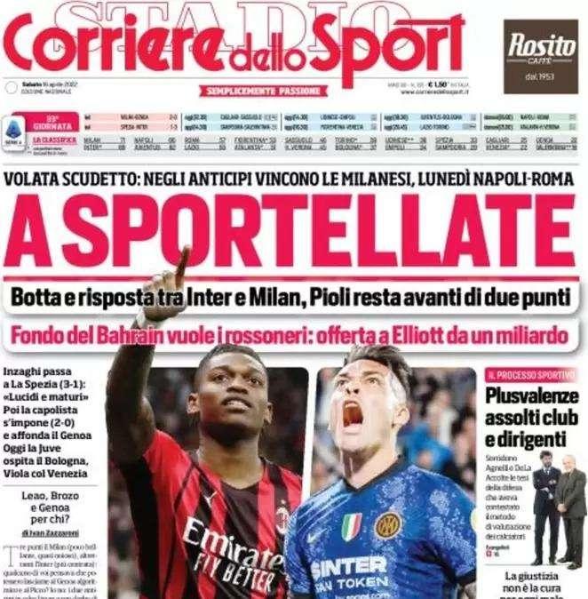 La prima pagina del Corriere dello Sport: "A sportellate, botta e risposta tra Inter e Milan"