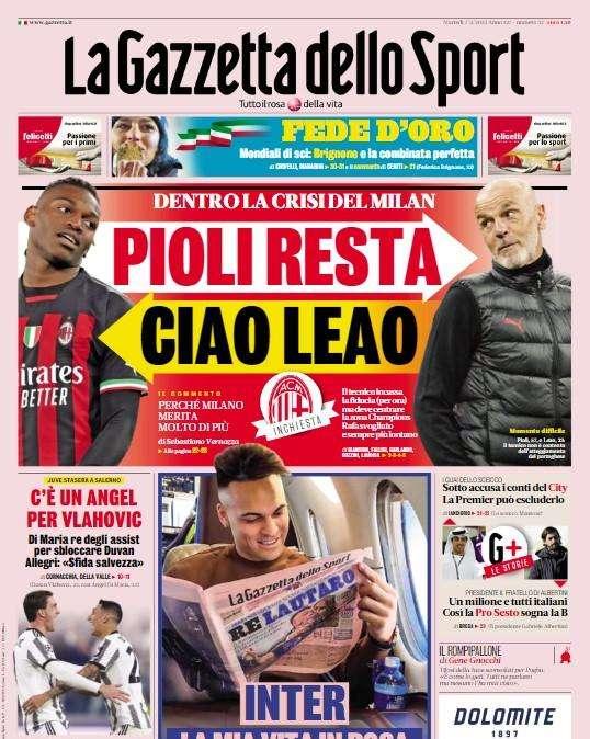 La Gazzetta in apertura: "Lautaro torna leader e ritrova Lukaku. Ora vale 100 milioni"