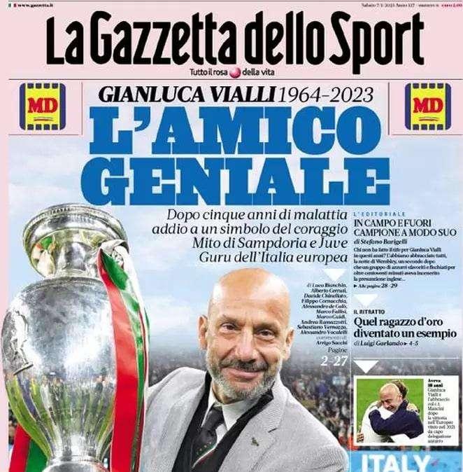L'apertura de La Gazzetta dello Sport nel ricordo di Vialli: "L'amico geniale"