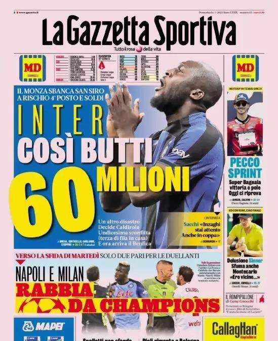 Le prime pagine di domenica 16 aprile: l'Inter cade col Monza e torna horror