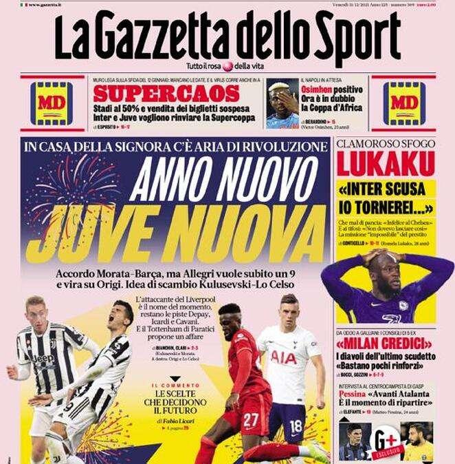 La Gazzetta in apertura con le parole di Lukaku: "Inter scusa, io tornerei..."