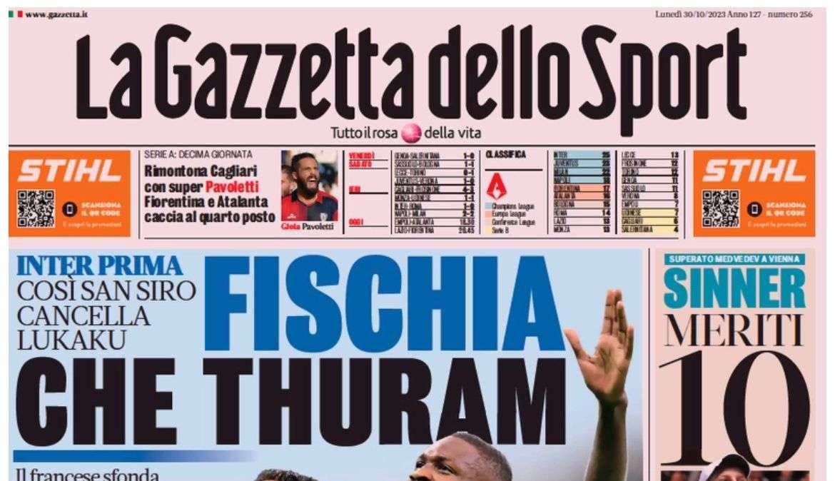 L'aperura della Gazzetta dello Sport: "Fischia che Thuram, così San Siro cancella Lukaku"