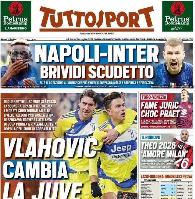 Tuttosport in prima pagina: "Napoli-Inter, brividi scudetto"