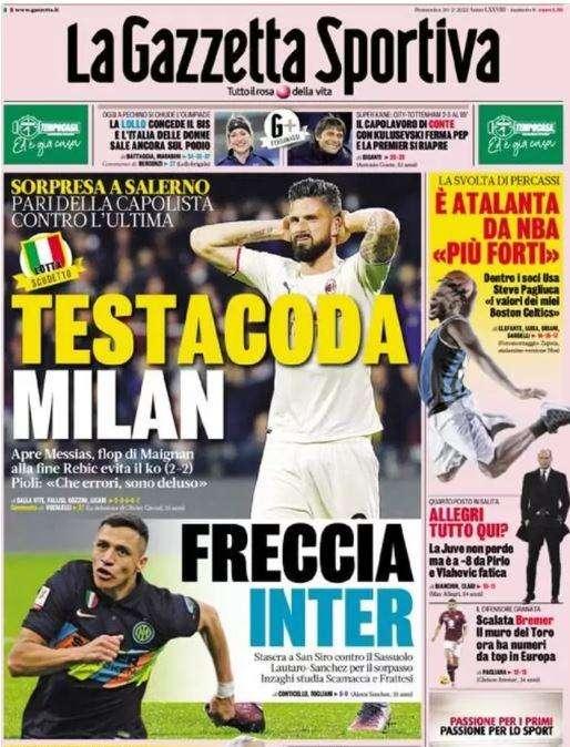 La prima pagina de La Gazzetta dello Sport: "Testacoda Milan, freccia Inter"