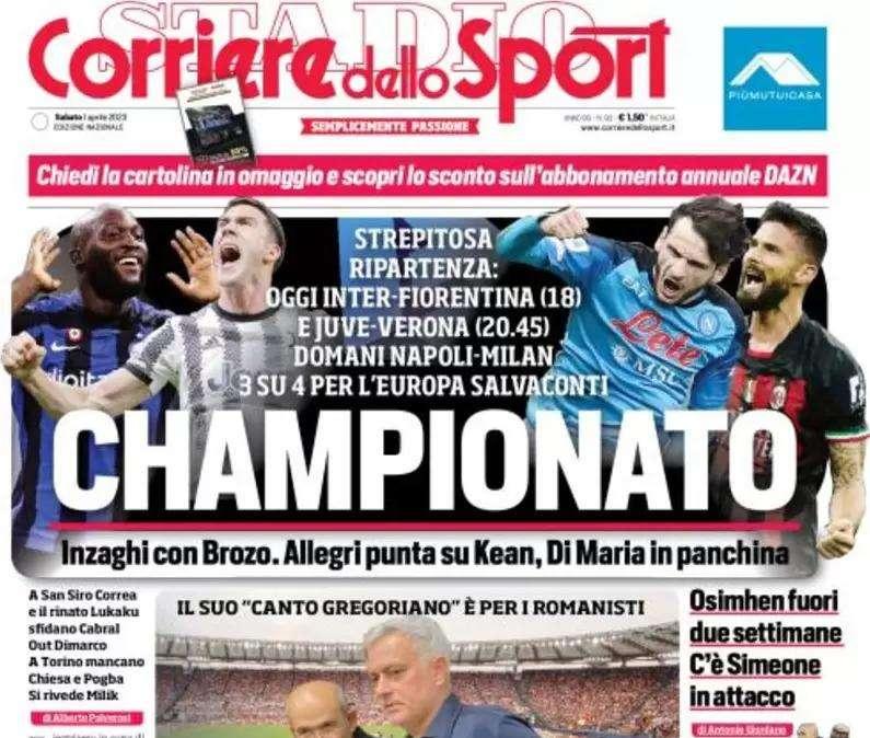 La prima pagina del Corriere dello Sport: "Championato: Inzaghi con Brozo"