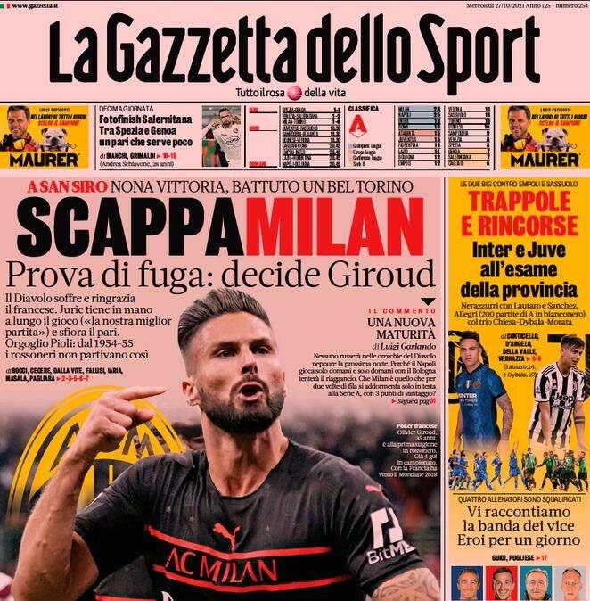 La Gazzetta dello Sport in apertura: "Inter e Juve all'esame della provincia"