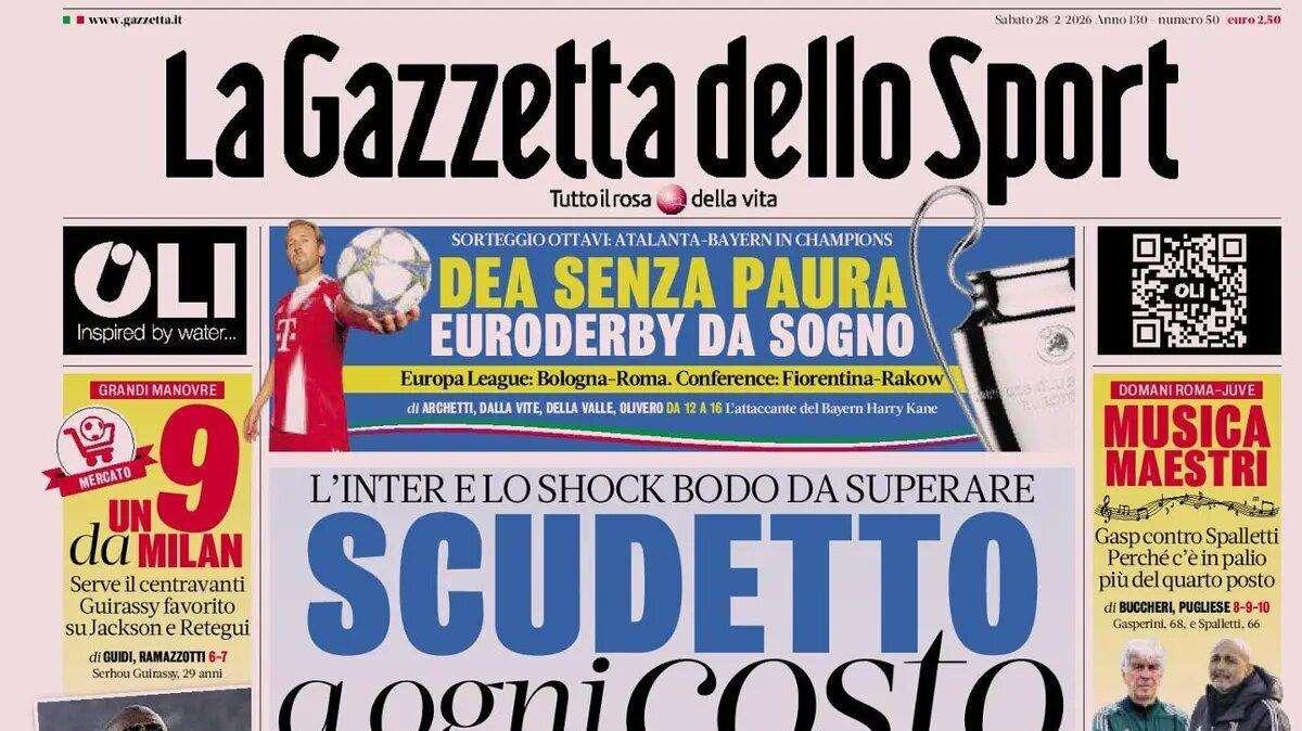 "Inter e lo shock Bodo da superare: scudetto a ogni costo. Gasp contro Spalletti", la prima pagina de La Gazzetta dello Sport