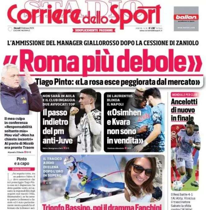 L'apertura del Corriere dello Sport è sul post-Zaniolo: "Roma più debole"