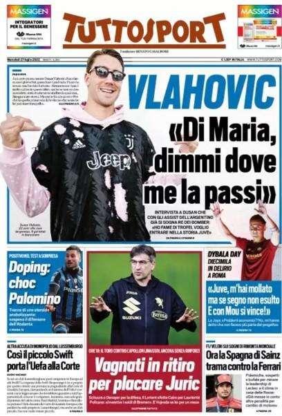 Tuttosport introduce in apertura l'intervista a Vlahovic: "Di Maria, dimmi dove me la passi"