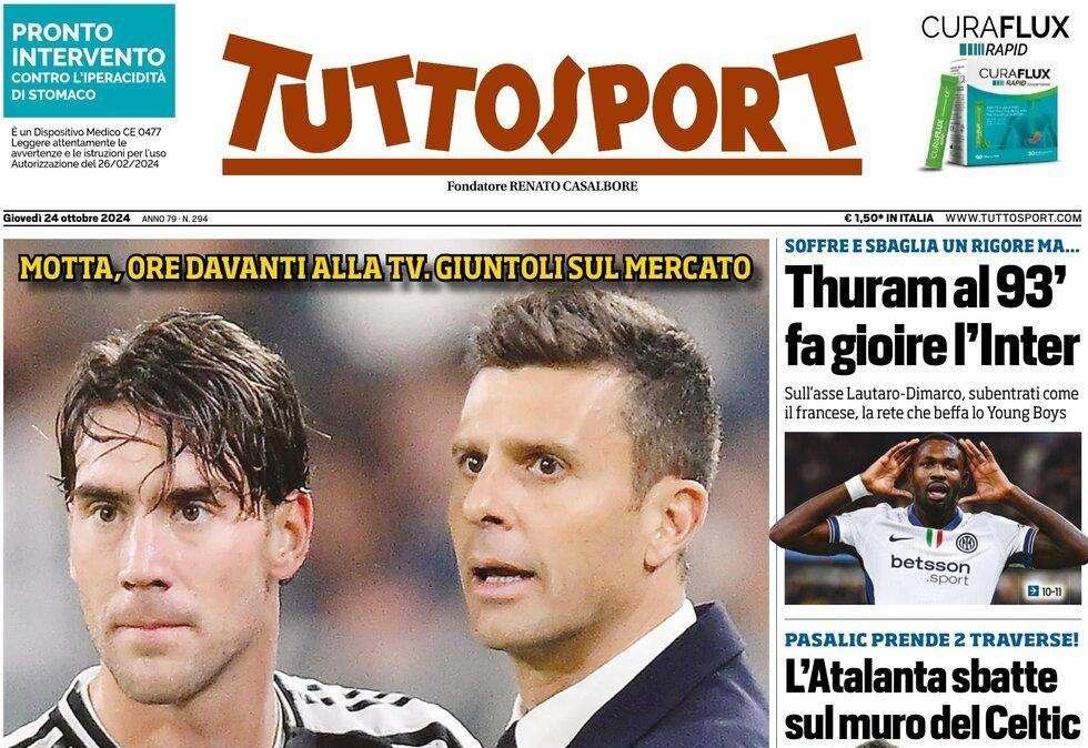 L'Inter soffre e sbaglia un rigore, Thuram fa gioire: la prima pagina di Tuttosport