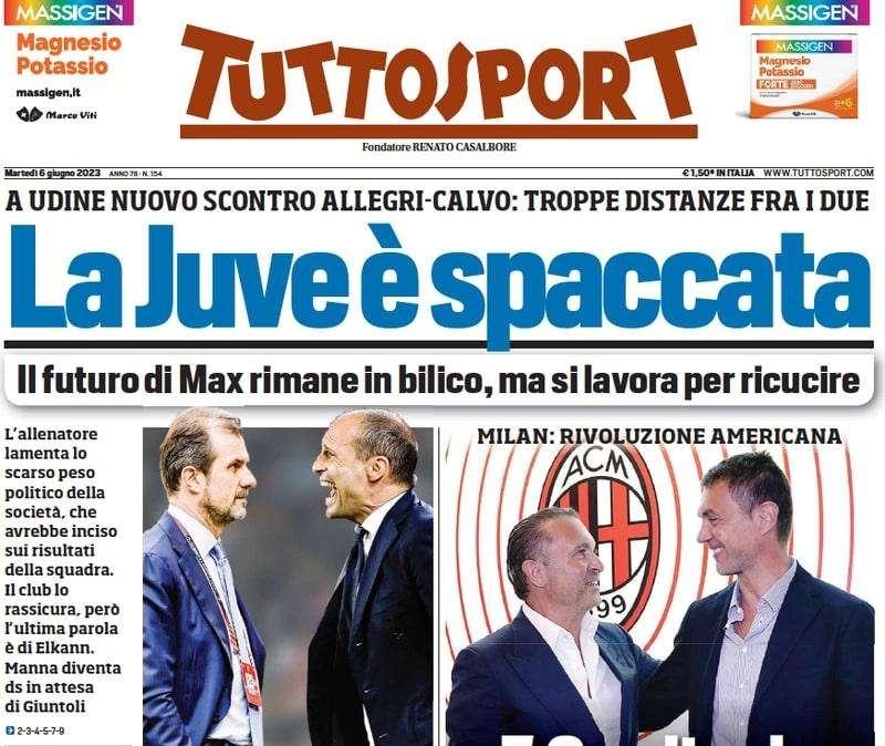 Terremoto Milan, Tuttosport intitola: "Cardinale silura Maldini e Massara con effetto immediato"