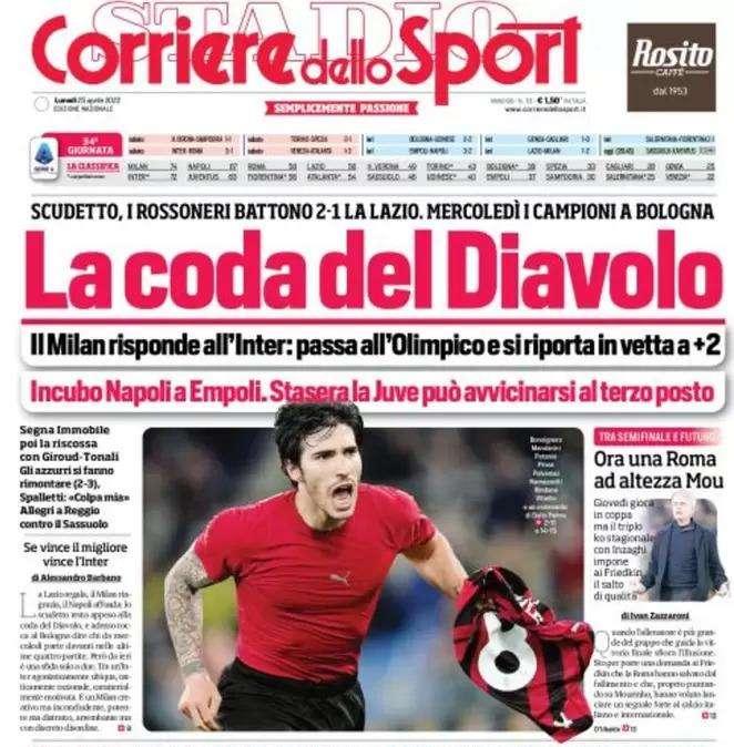 Il Milan sbanca l'Olimpico, l'apertura del CorSport: "La coda del Diavolo"