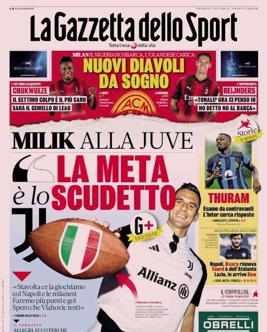 La Gazzetta in prima pagina: "Thuram all'esame da centravanti, l'Inter cerca risposte"