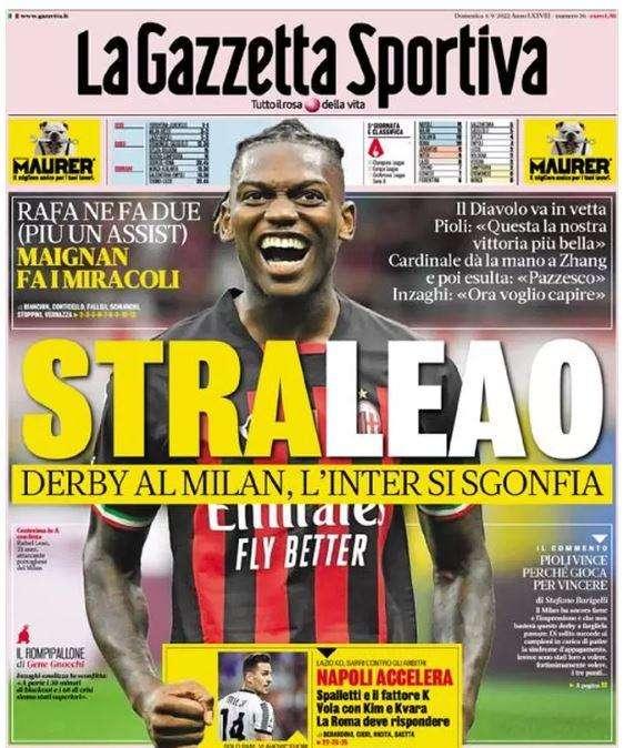 La Gazzetta dello Sport in apertura: "StraLeao, l'Inter si sgonfia"