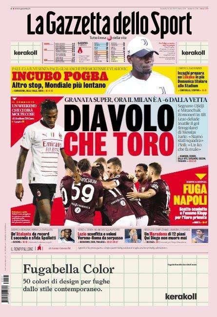 La Gazzetta dello Sport in apertura: "Diavolo che Toro". Milan in tilt e ko a Torino