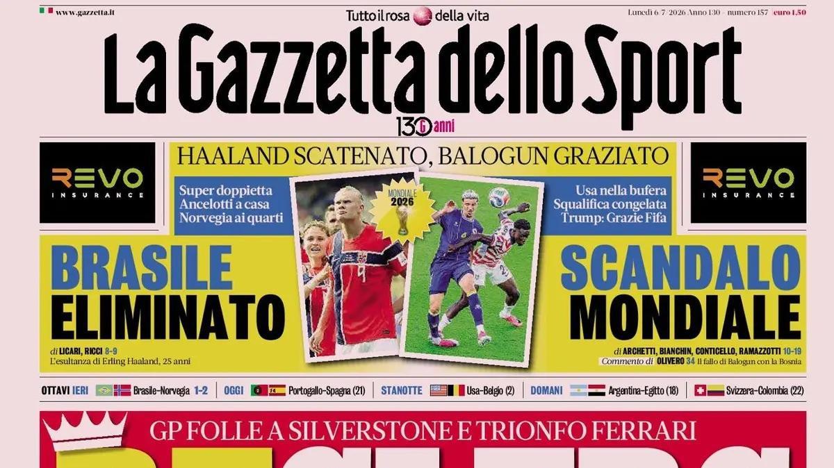 "Haaland scatenato, Brasile eliminato. Balogun graziato, scandalo Mondiale": la prima pagina de La Gazzetta dello Sport