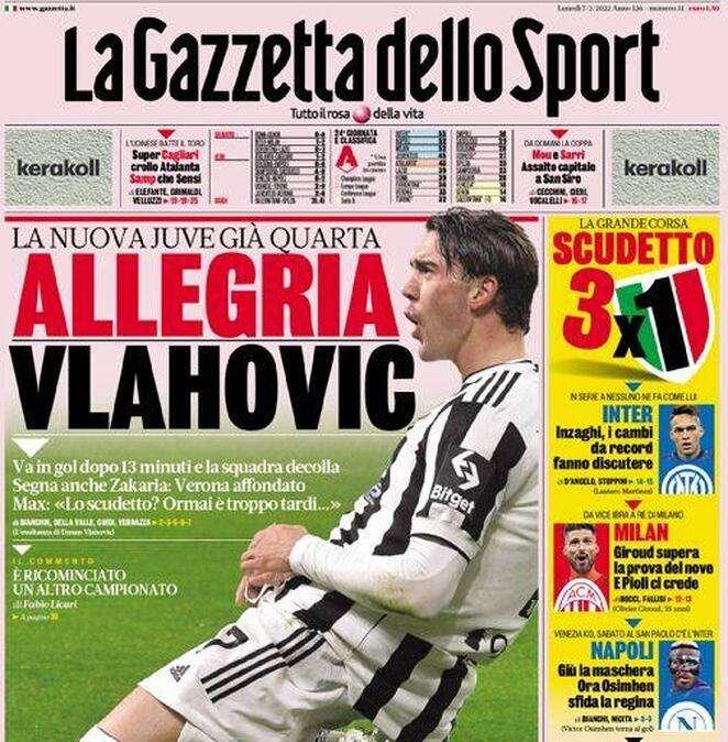 La prima pagina de La Gazzetta dello Sport: "Inzaghi, i cambi da record fanno discutere"