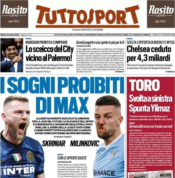Tuttosport in prima pagina: "Skriniar e Milinkovic, i sogni proibiti di Allegri"