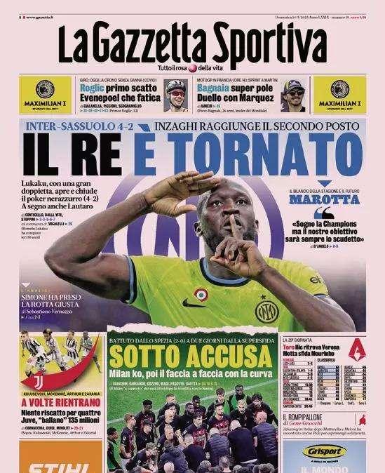 Lukaku trascina l'Inter con una doppietta. L'apertura della Gazzetta: "Il re è tornato"