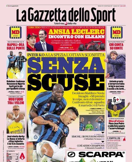 La Gazzetta in apertura: "Inter senza scuse, ottava sconfitta. E martedì c'è il Porto"