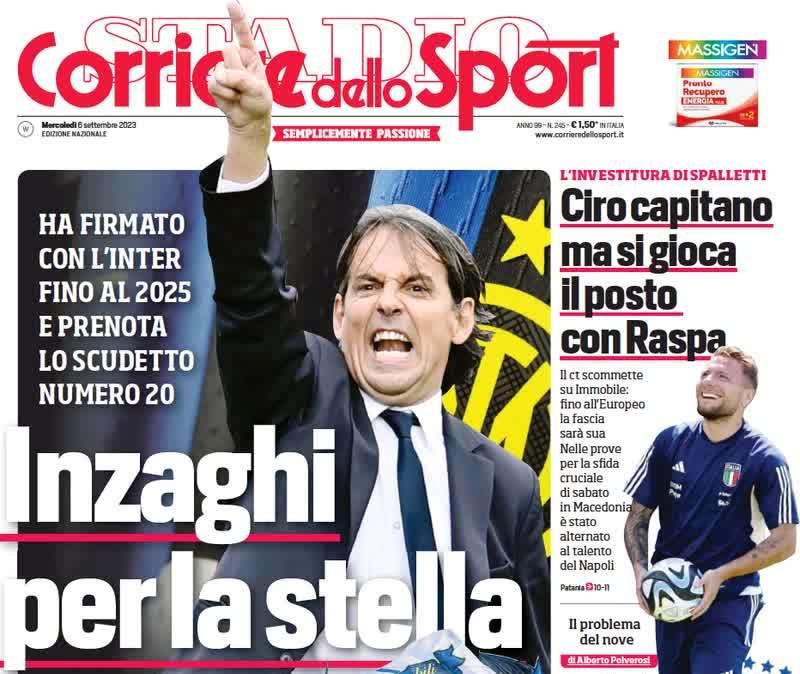 Il Corriere dello Sport in apertura: "Inzaghi per la stella". Il tecnico rinnova e punta allo scudetto numero 20