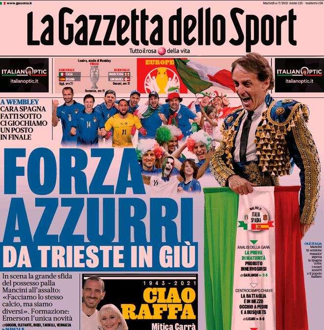 L'apertura de La Gazzetta dello Sport: "Forza azzurri da Trieste in giù"