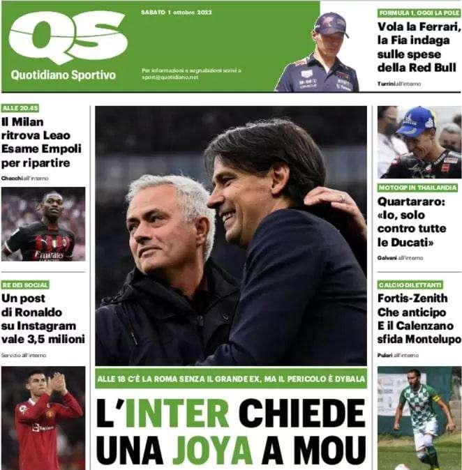 Il QS titola in apertura: "L'Inter chiede una Joya a Mou"
