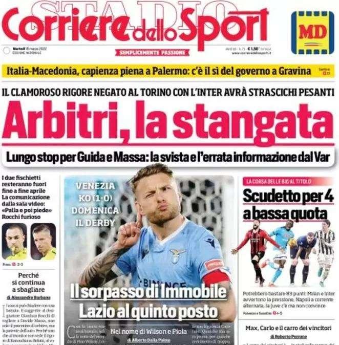 Il Corriere dello Sport in prima pagina: "Arbitri, la stangata"