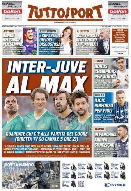 L'apertura di Tuttosport: "Inter-Juve al Max". Allegri ipotesi per entrambe