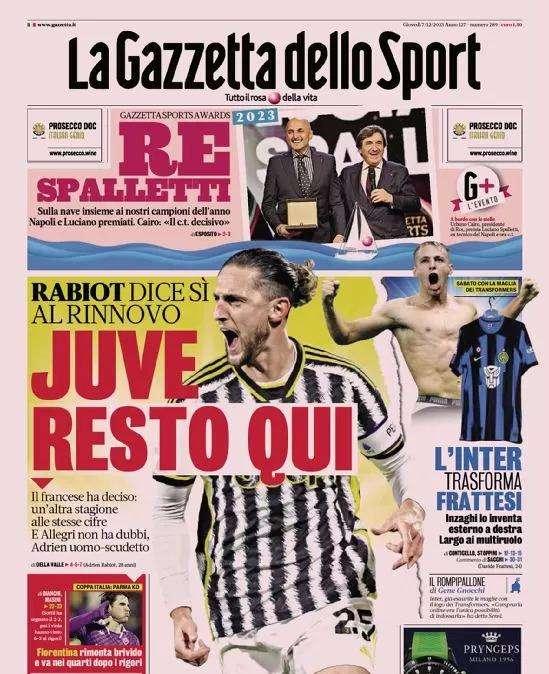 La Gazzetta in apertura: "L'Inter trasforma Frattesi". Inzaghi lo prova esterno a destra