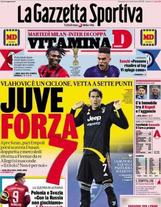 La Gazzetta dello Sport in prima pagina: "Milan-Inter di Coppa, vitamina D"