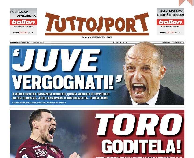 Tuttosport in apertura con le parole di Allegri: "Juve vergognati" 