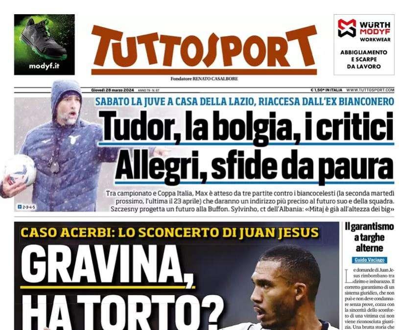 Caso Acerbi: lo sconcerto di Juan Jesus. Gravina ha torto? La prima pagina di Tuttosport