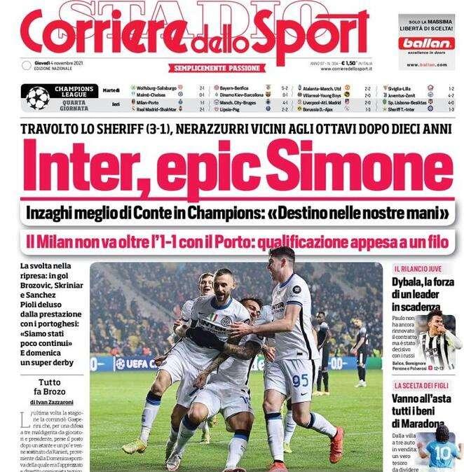 Il Corriere dello Sport in apertura: "Inter, epic Simone"