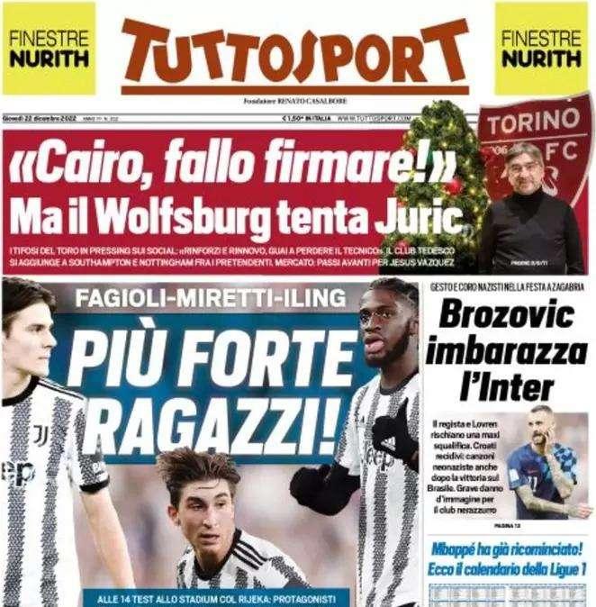 Tuttosport titola: "Brozovic imbarazza l'Inter, cori neonazisti"