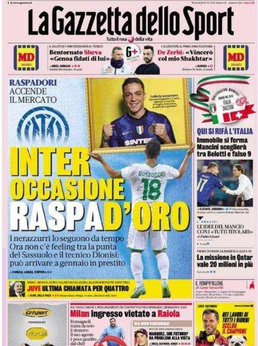 La prima pagina de La Gazzetta dello Sport: "Inter, occasione Raspad'oro"