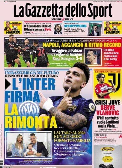 L'apertura della Gazzetta: "L'Inter firma la rimonta". Lautaro rinnova, ora tocca a Barella