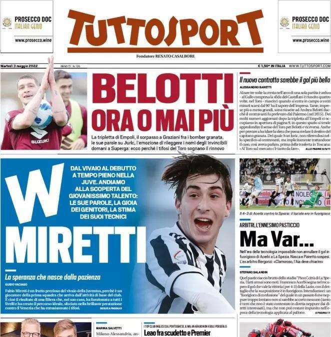 Tuttosport dedica l'apertura al nuovo talento della Juve: "W Miretti"