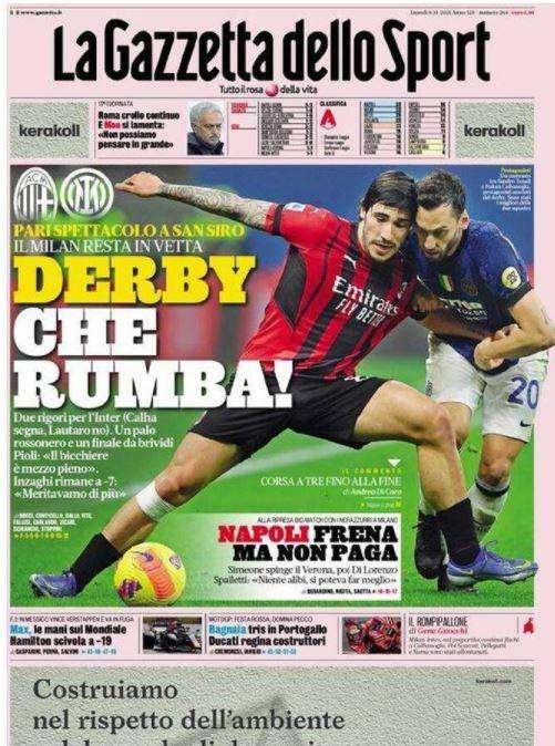 La Gazzetta dello Sport in apertura: "Derby, che rumba!"
