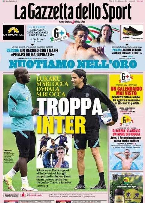 La Gazzetta dello Sport in apertura: "Troppa Inter: Lukaku si sblocca, Dybala si blocca"