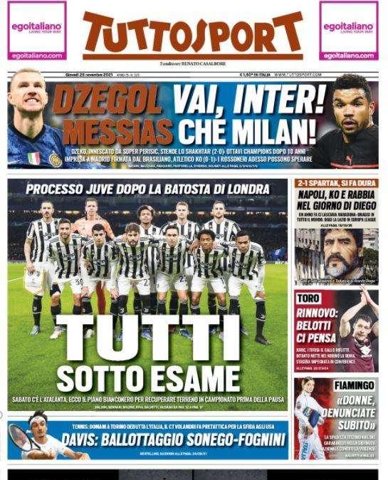 La prima pagina di Tuttosport: "Dzegol, vai Inter! Ottavi dopo dieci anni"