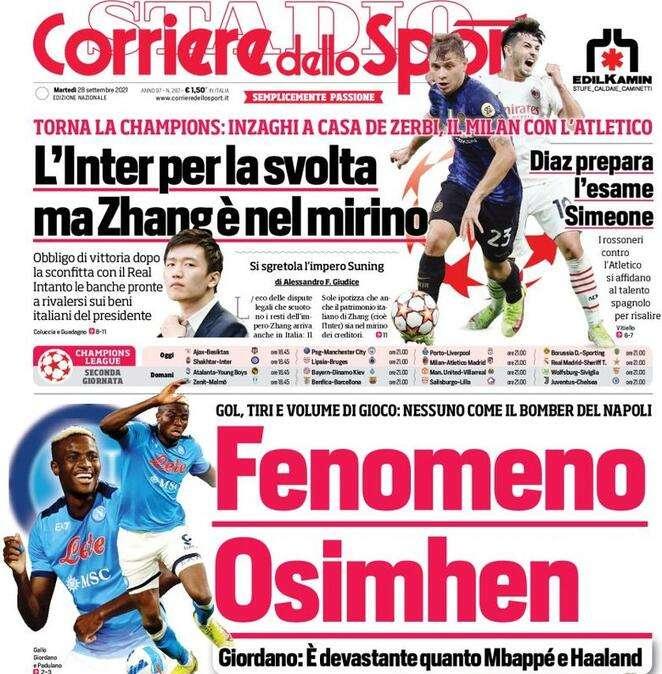 Il Corriere dello Sport in prima pagina: "L'Inter per la svolta, ma Zhang è nel mirino"