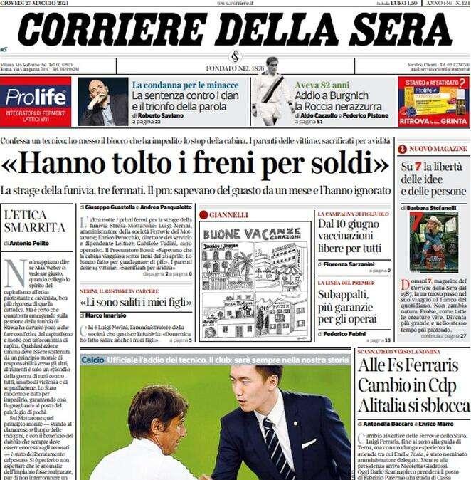 Corriere della Sera - Conte rifiuta i tagli. Sfida tra Inter e Juve per Allegri
