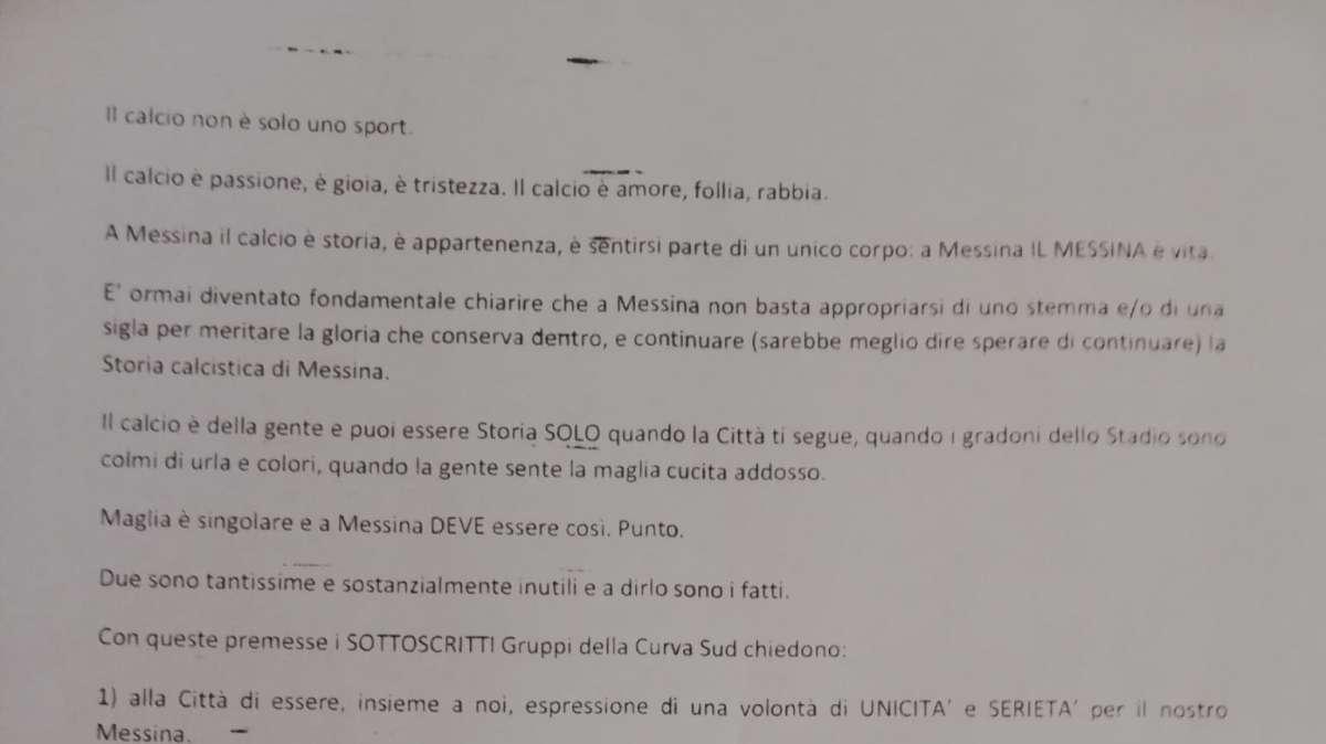 "Un unico Messina": ecco il comunicato della Curva Sud 