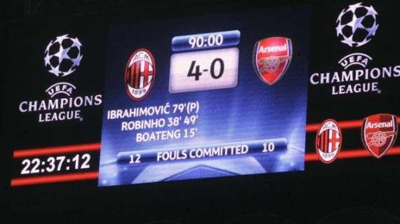 Il poker rossonero è la peggior sconfitta europea dell'Arsenal