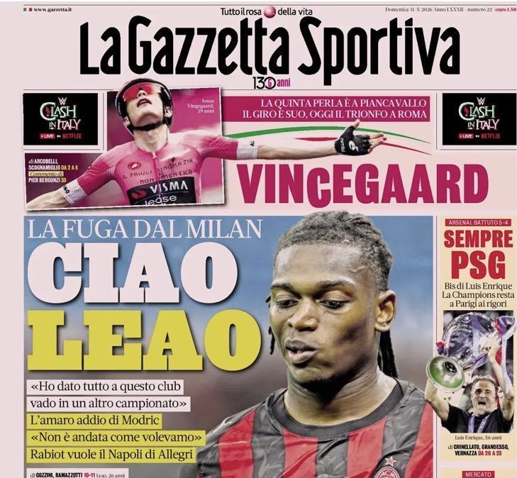 Milan, addio Leao e idea Slot: le prime pagine dei principali quotidiani sportivi