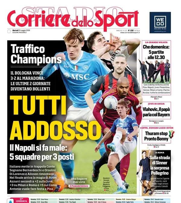 Corsa Champions, il CorSport titola: "Tutti addosso. Il Napoli si fa male: 5 squadre per 3 posti"