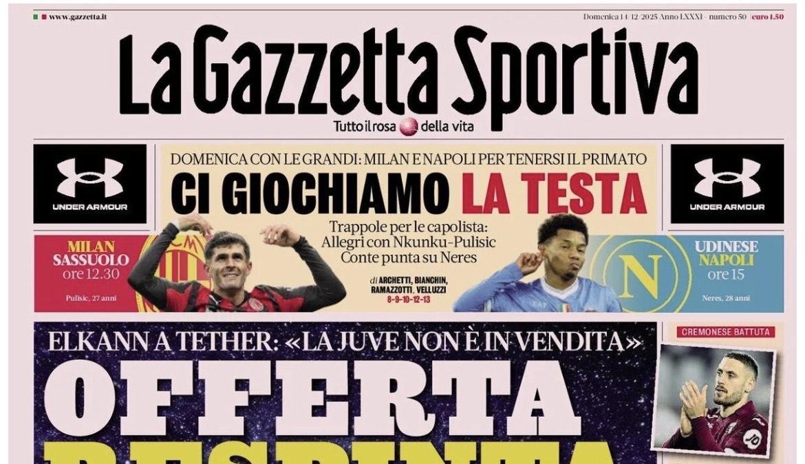 La Gazzetta dello Sport in apertura: "Milan e Napoli, ci giochiamo la testa"